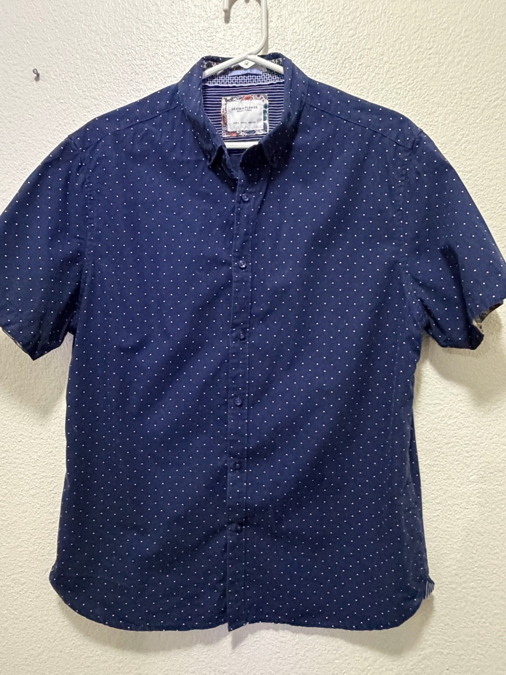 Denim and Flower blue and white polka dot button down shirt, men's Large